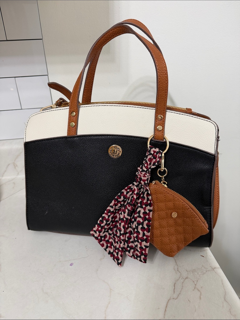 Anne Klein Black and White Satchel with Tan Handles